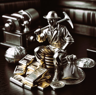 Gold Miner sitting on top of gold bullion