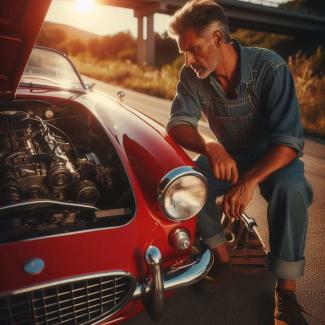 Red Sports Car with Hood Open man looking at engine 