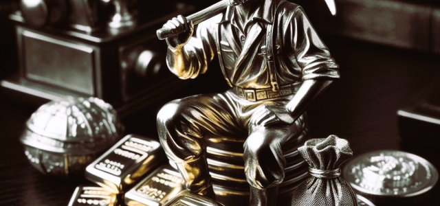 Gold Miner sitting on top of gold bullion 