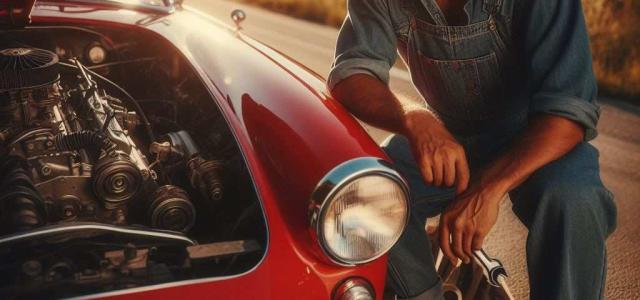 Red Sports Car with Hood Open man looking at engine 